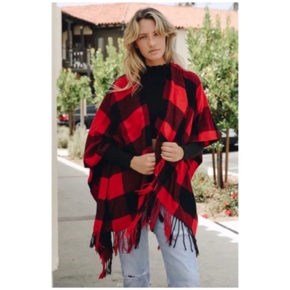 Red & Black Buffalo Plaid Poncho Sweater Wrap - Picture 3 of 5
